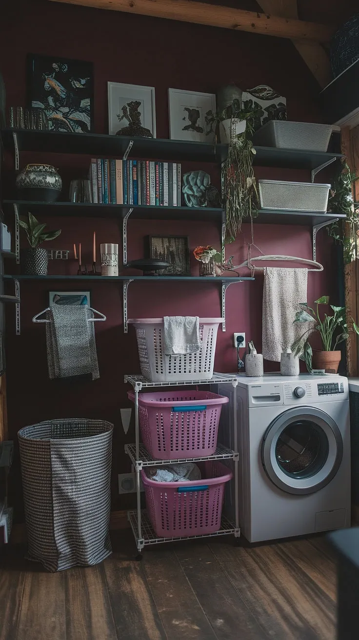 The dark and moody interior design of this Tuscan-inspired laundry room combines a maximalist approach with a rich burgundy palette, creating a captivating space for country house decoration.