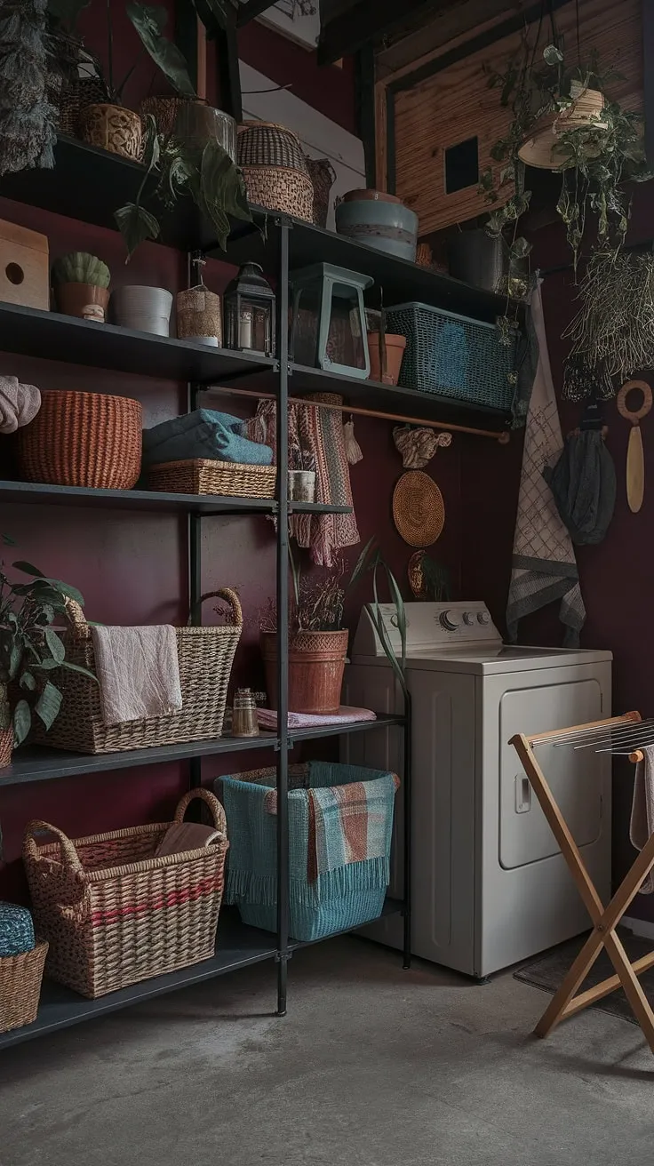 This dark and moody laundry room in a burgundy barndominium showcases maximalist design with vintage charm, featuring shelves brimming with eclectic decor and lush plants.