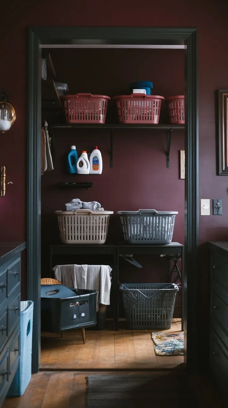 The moody laundry room showcases a rich burgundy hue and a blend of dark academia and maximalist design, perfect for a stylish barndominium interior.