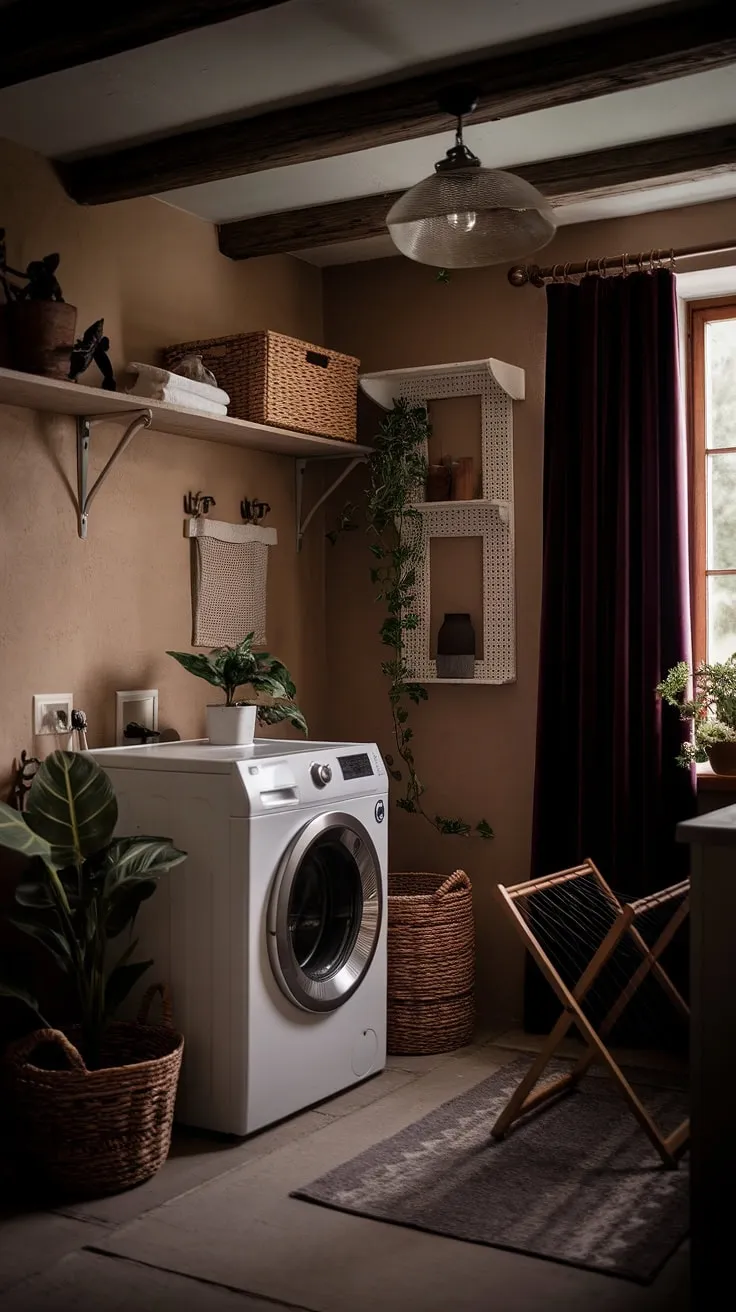 The moody barndominium laundry room showcases a captivating blend of country house decoration and dark interior design, highlighted by exposed wooden beams and a charming wooden drying rack.