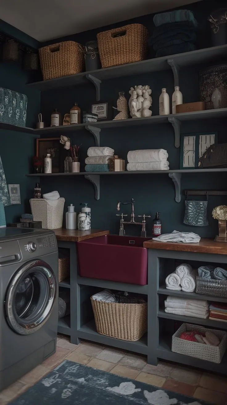 The moody barndominium's laundry room showcases a striking burgundy sink and vintage washing machine, harmonizing dark and moody interior design with eclectic country house elements.