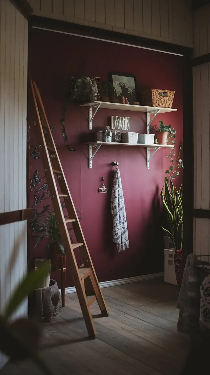 The dark and moody interior design of this Tuscan-inspired laundry room showcases a burgundy palette, vintage accents, and a cozy atmosphere perfect for country house decoration.