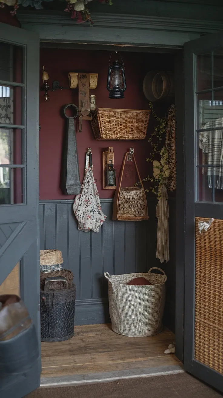 The moody laundry room, nestled in a dark and moody barndominium, boasts a maximalist dark academia style with a rich burgundy and Tuscan palette, perfect for country house decoration.