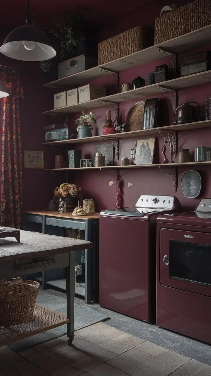 The moody barndominium's laundry room showcases vintage appliances and rustic decor, blending dark and moody interior design with a maximalist approach and a rich burgundy palette.