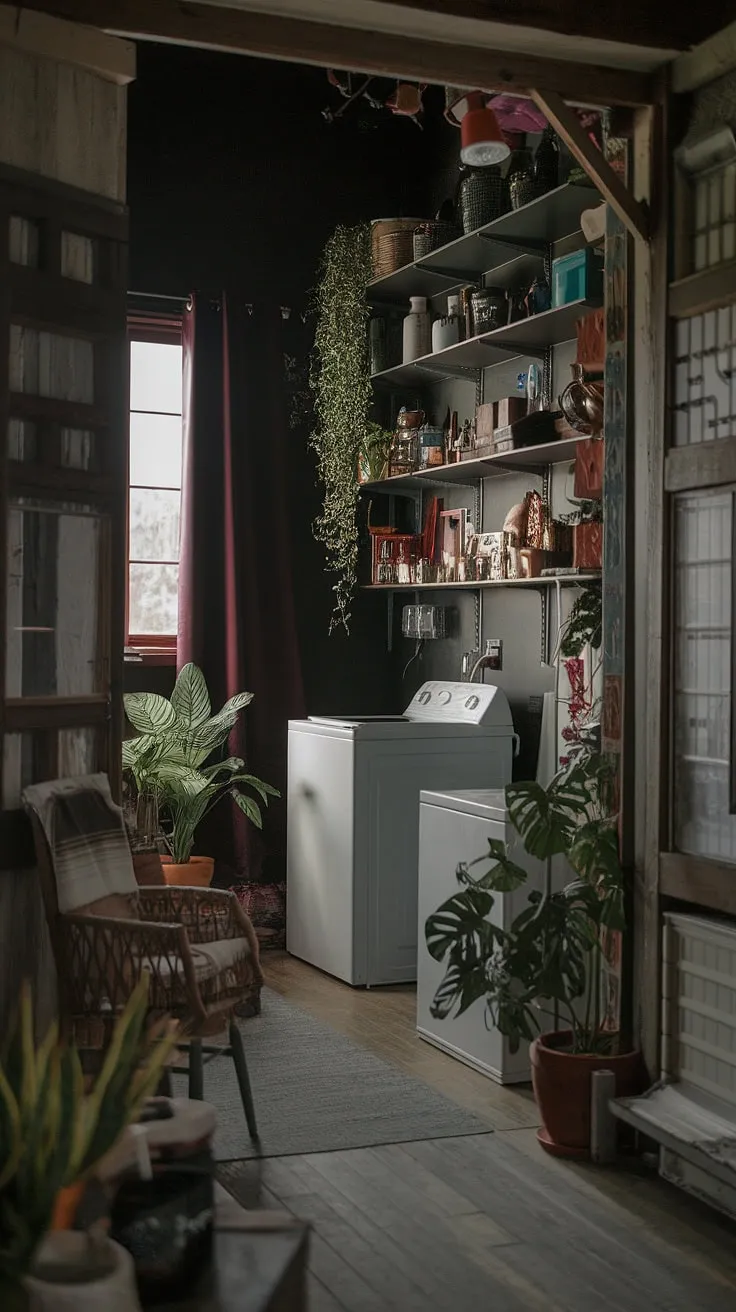 With its wood floors, potted plants, and eclectic shelves, this moody laundry room beautifully blends dark and moody interior design with country house decoration.