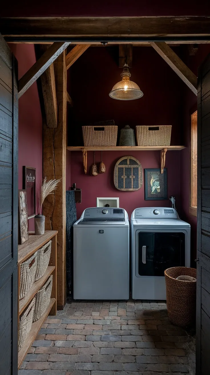 This moody laundry room in a barndominium features dark burgundy walls, rustic wooden beams, and a maximalist design that beautifully captures the essence of dark academia and country house decoration.