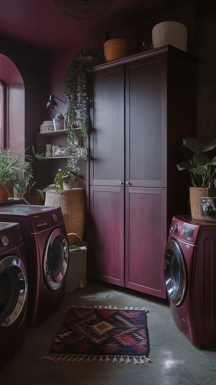 This dark and moody laundry room, adorned in burgundy with maximalist decor, captures the essence of a moody barndominium and dark academia, creating a cozy atmosphere perfect for country house decoration.