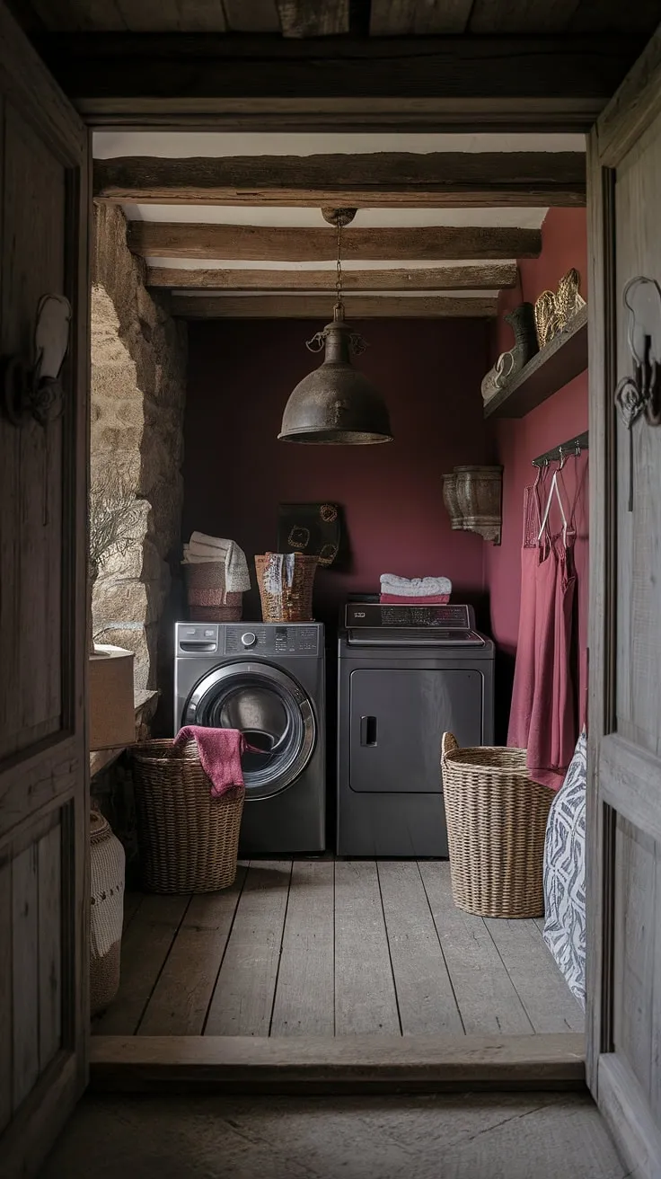 The moody laundry room showcases a rich burgundy palette and rustic Tuscan charm, blending dark and moody interior design with a maximalist approach.
