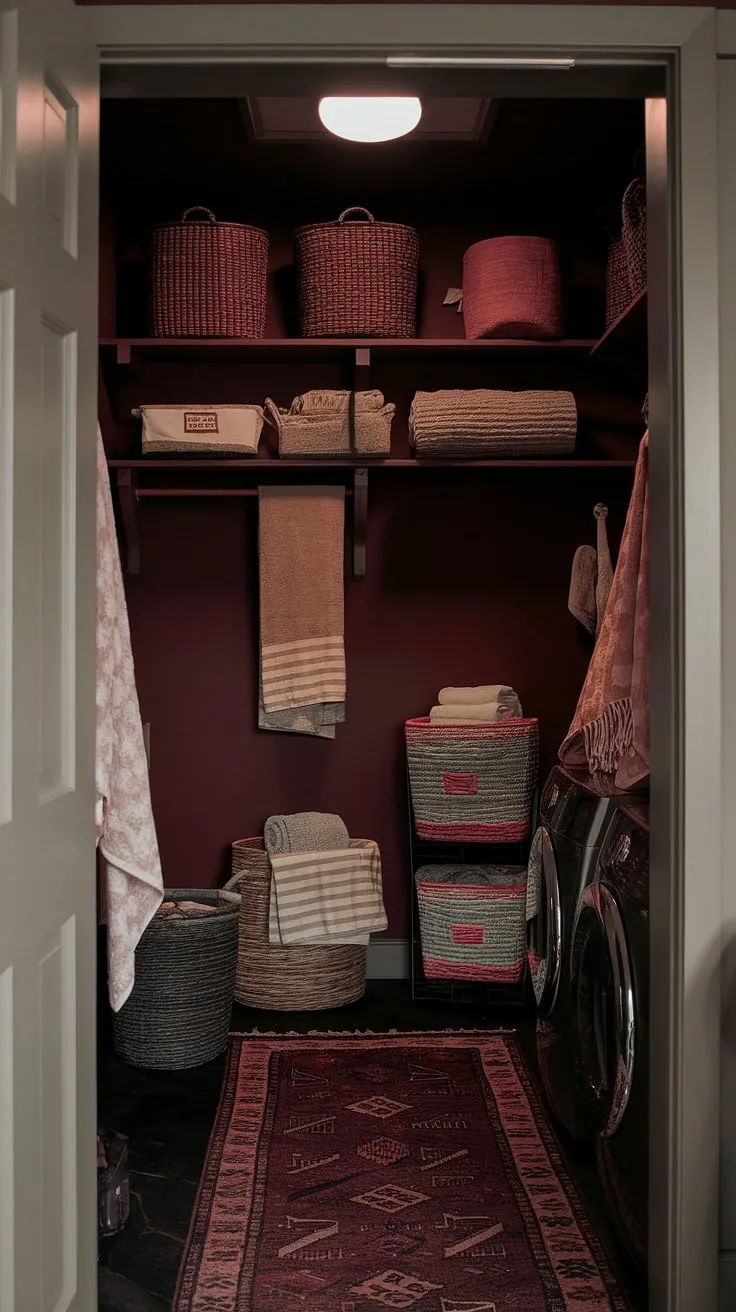 This dark and moody laundry room in a Tuscan barndominium features a maximalist design with a rich burgundy and beige color scheme, showcasing an array of decorative items that embody dark academia and country house decoration.