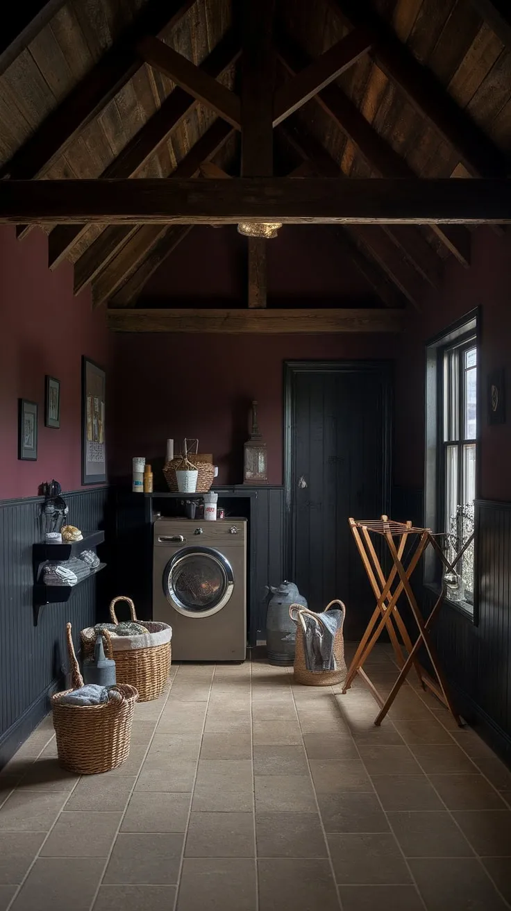 This moody laundry room in a barndominium features dark wood beams and deep burgundy walls, blending dark academia aesthetics with rustic charm for a maximalist country house decoration.