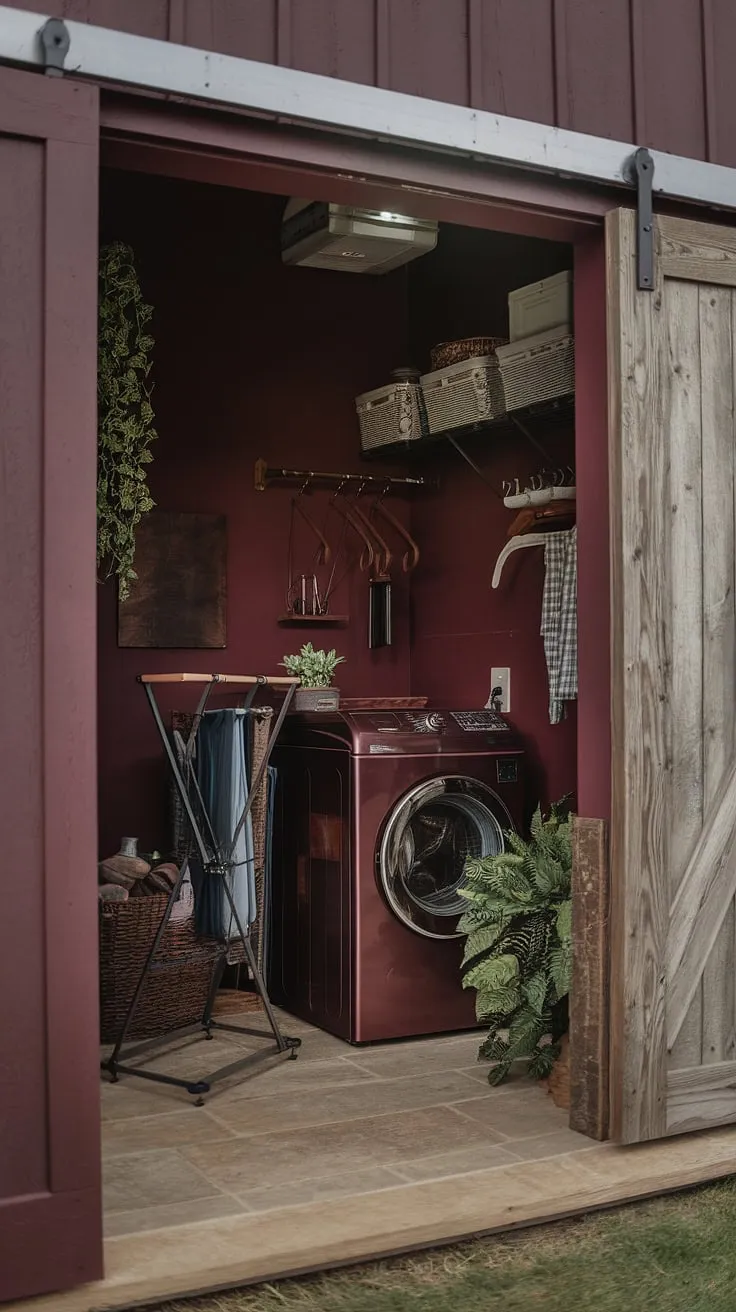 This moody laundry room in a burgundy hue showcases dark academia aesthetics with its rustic wooden door, vintage washing machine, and maximalist decor, all set within a charming barndominium.
