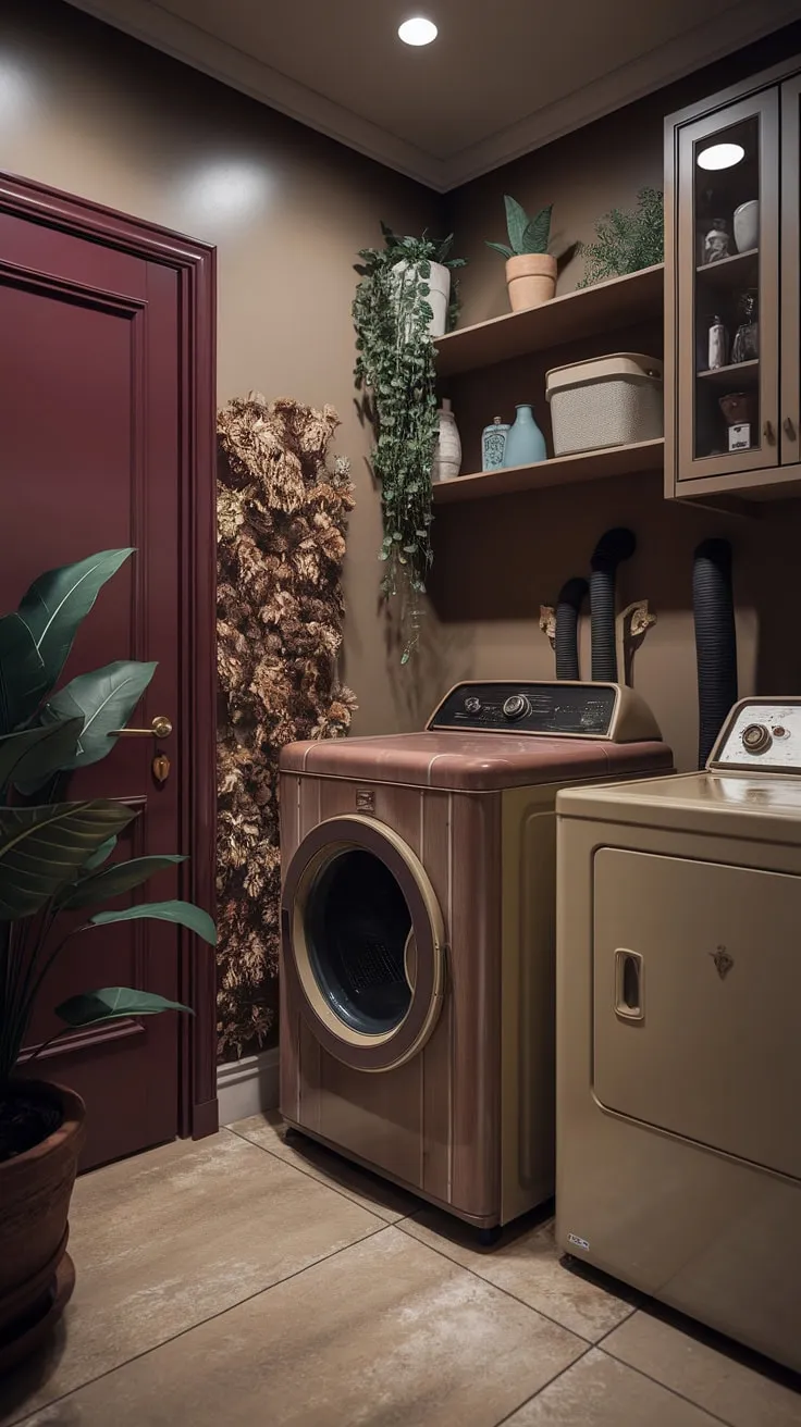 The moody barndominium's laundry room, adorned with beige walls and soft lighting, showcases a striking blend of dark and moody interior design elements and a touch of Tuscan charm.