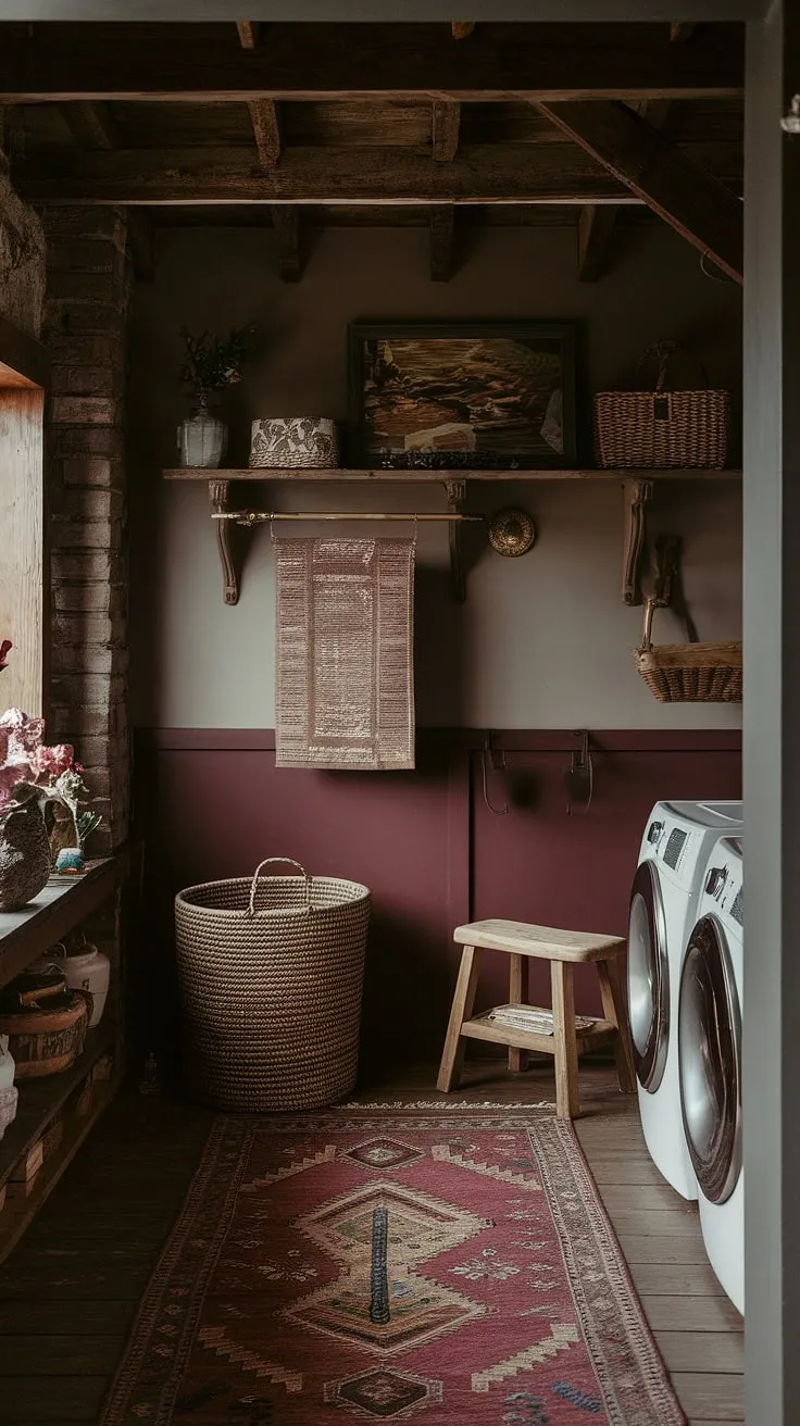 The moody laundry room showcases dark academia aesthetics with its burgundy hues, rustic Tuscan elements, and a captivating maximalist style that transforms laundry into a stylish experience.