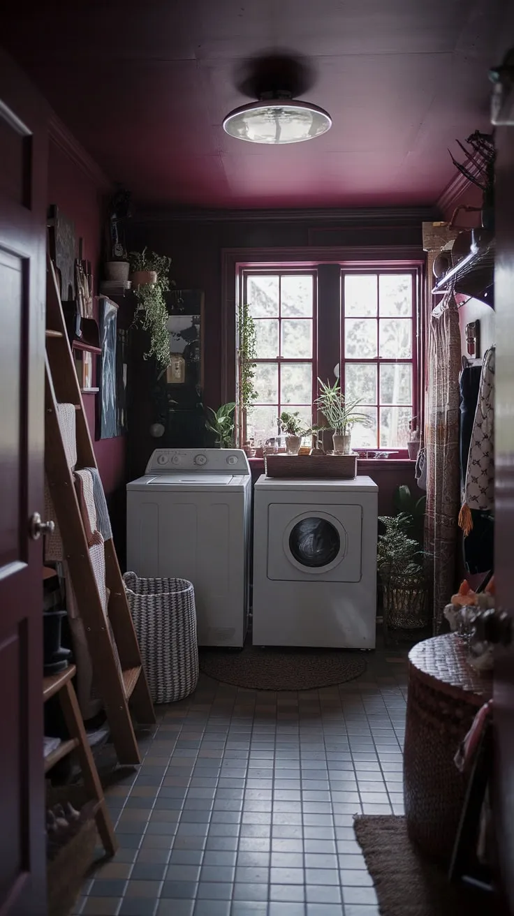 This dark and moody laundry room, featuring a burgundy color scheme and maximalist decor, perfectly captures the essence of a moody barndominium with its vintage appliances and cozy atmosphere.