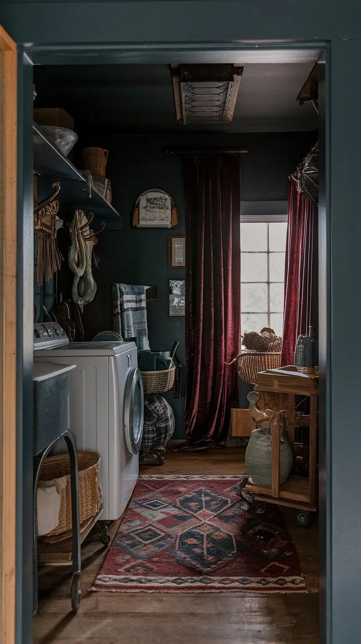 The moody laundry room showcases a blend of dark blue walls, vintage decor, and a burgundy curtain, embodying a maximalist and Tuscan-inspired country house decoration.