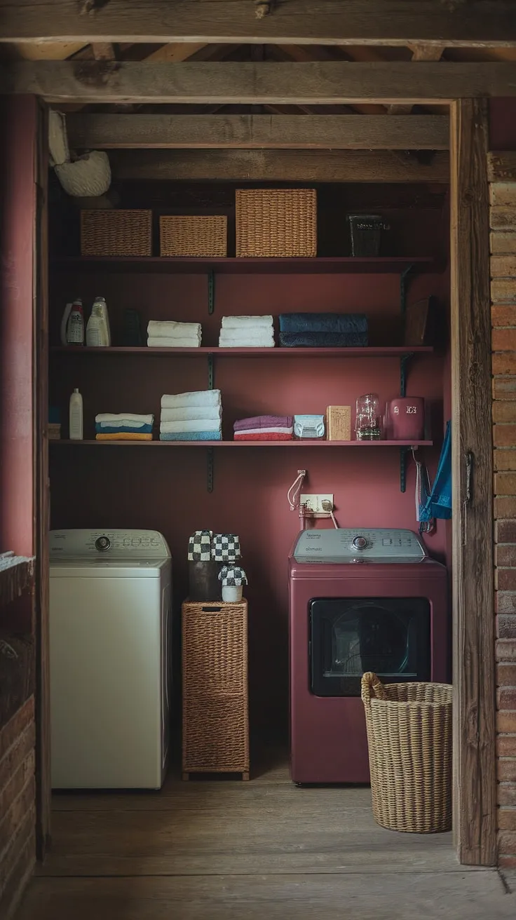 With its soft lighting and rich burgundy hues, this moody laundry room combines dark academia style and Tuscan charm, making it a standout feature in any barndominium.