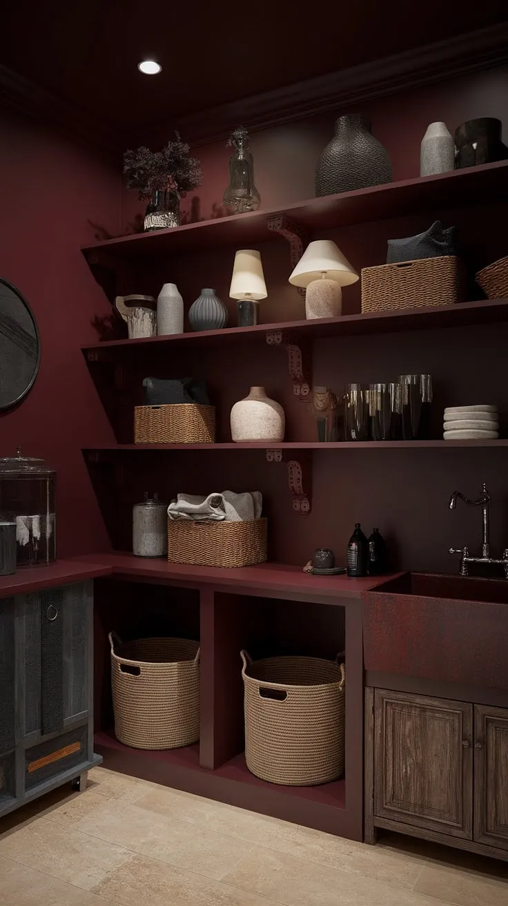 With its dark academia aesthetic, this moody laundry room showcases a burgundy palette and a blend of rustic Tuscan and maximalist decor, creating a captivating country house atmosphere.