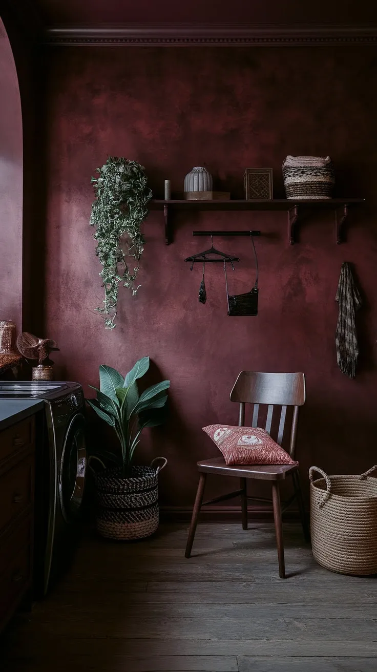 This dark and moody laundry room, styled in dark academia with a burgundy hue and maximalist decor, features Tuscan-textured walls and rustic wooden elements for a captivating country house aesthetic.