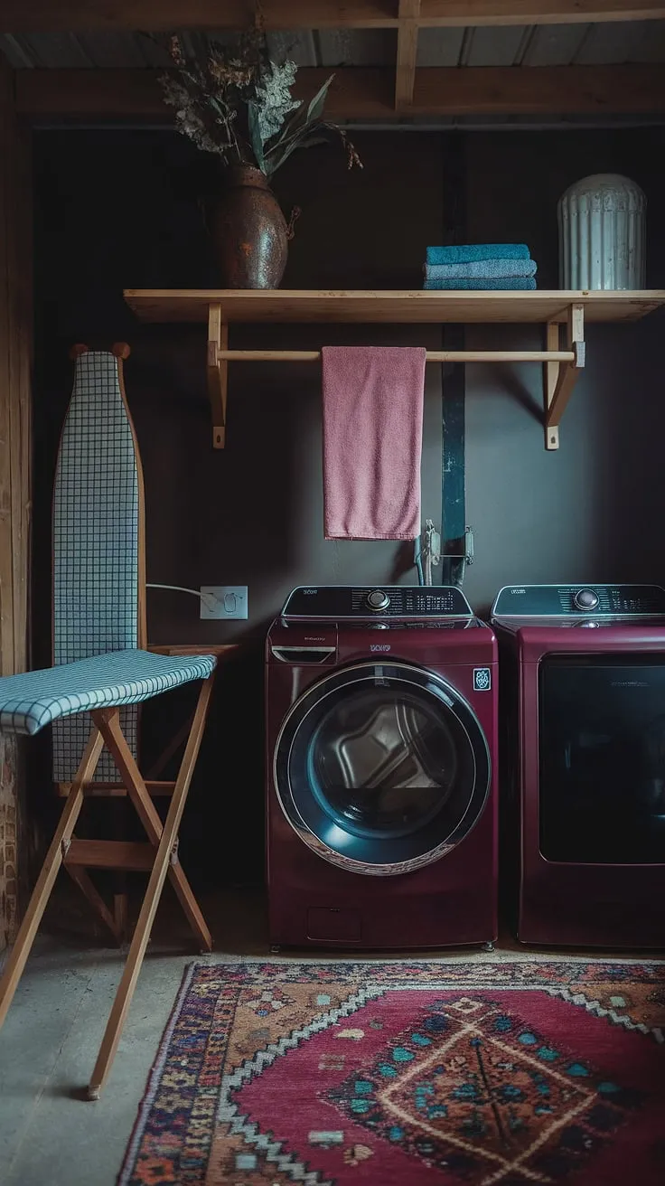The moody laundry room features a rich burgundy washing machine and dryer, rustic accents, and a dark color palette, embodying the essence of dark and moody interior design in a charming country house.