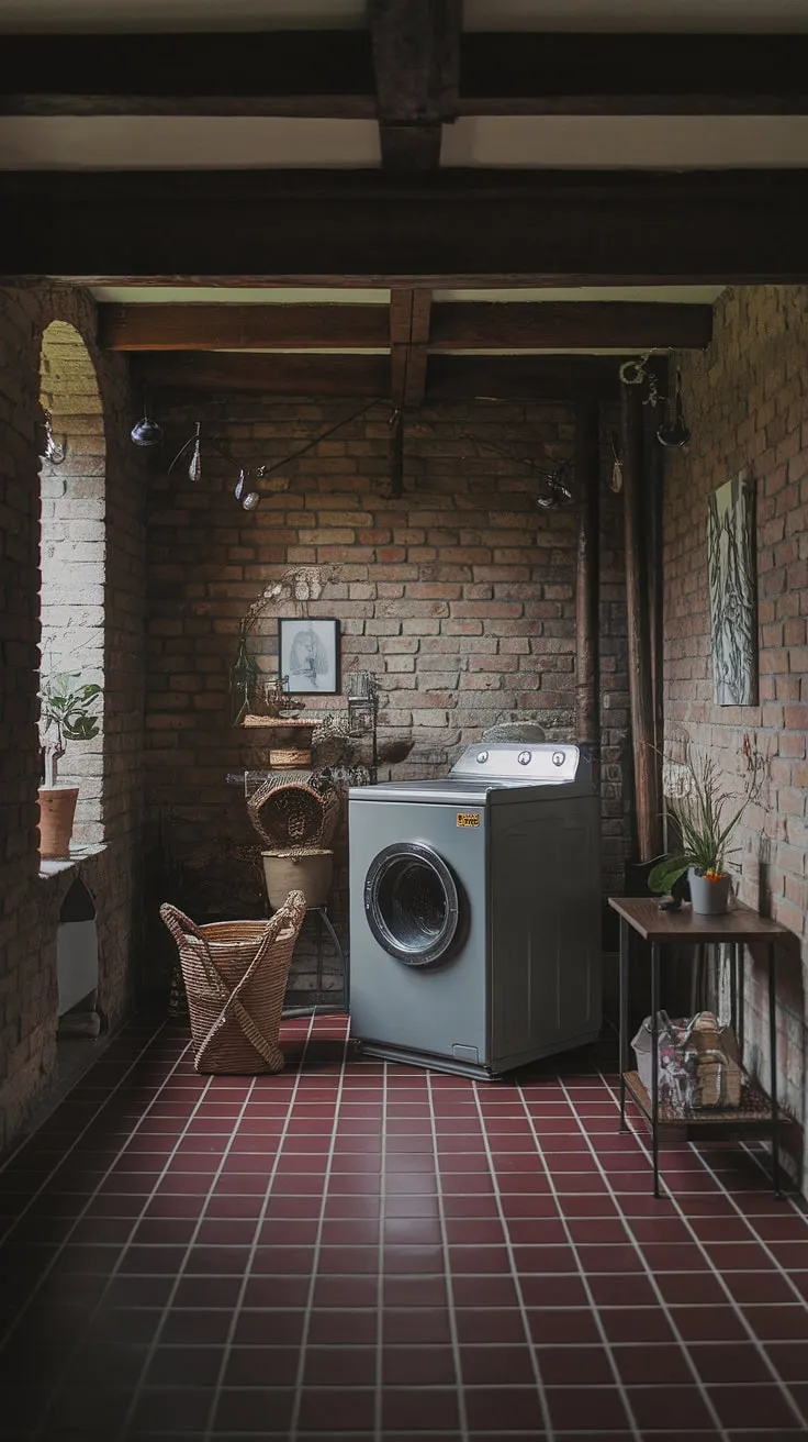 With its vintage washing machine and charming decor, this dark and moody laundry room captures the essence of country house decoration in a Tuscan-inspired design.