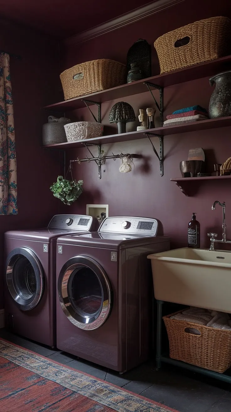 With its burgundy walls and country house decoration, this moody laundry room showcases a dark and moody interior design that blends maximalism with Tuscan charm.