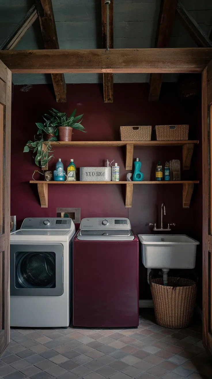 The dark academia laundry room showcases a striking burgundy palette and rustic charm, creating a captivating space that redefines laundry aesthetics in a barndominium setting.