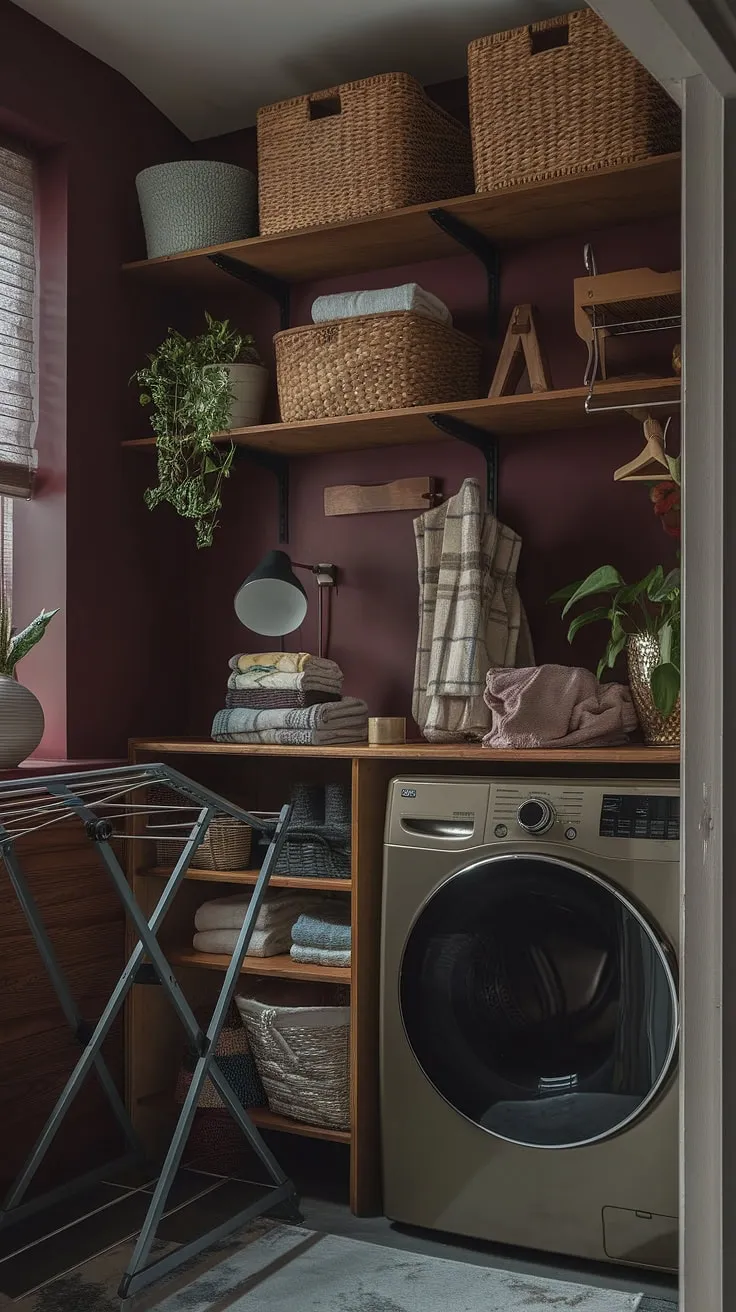 This dark and moody laundry room, styled in dark academia with burgundy walls and rustic wooden shelves, embodies the charm of a moody barndominium and maximalist country house decoration.
