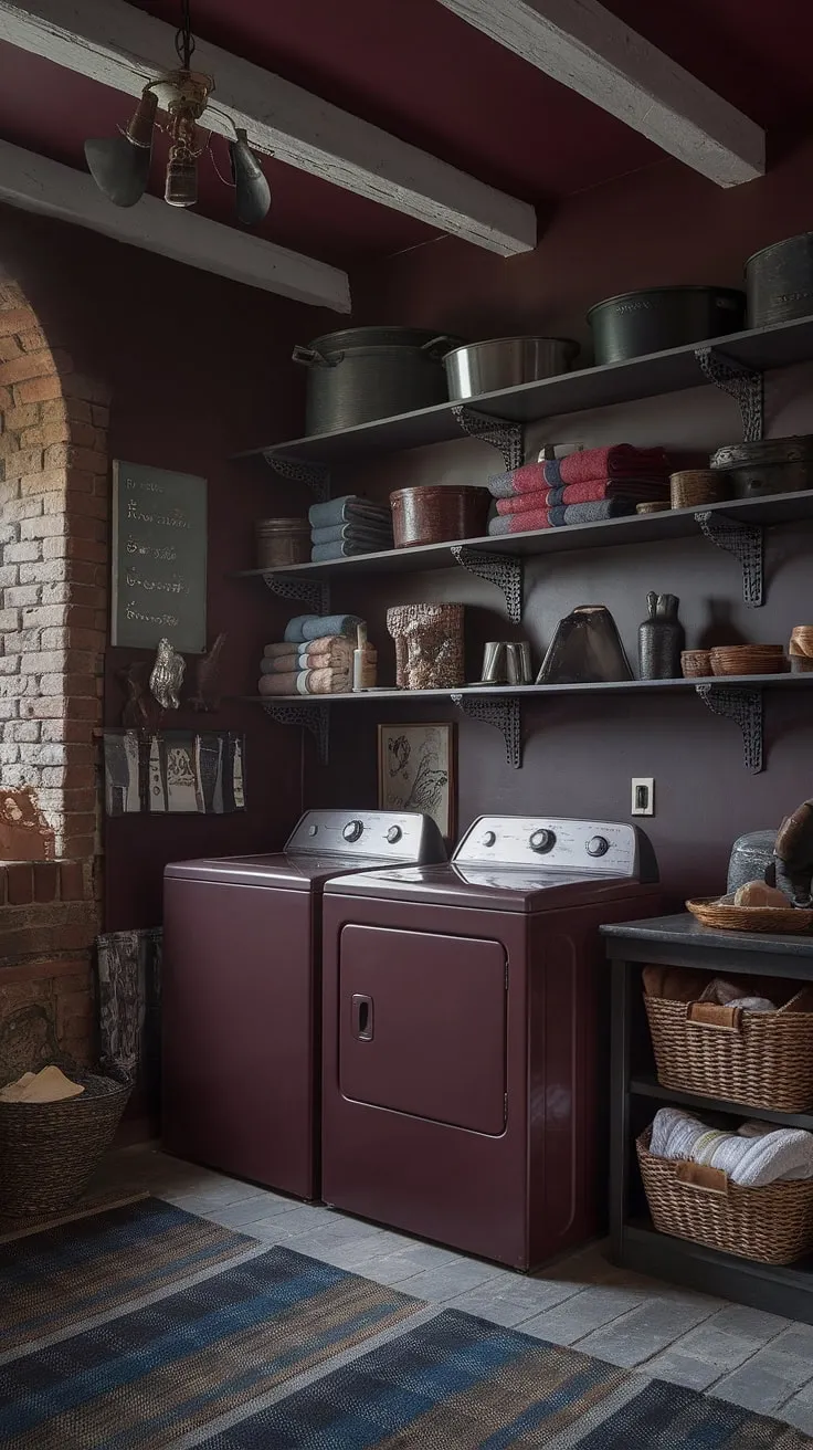 The dark and moody laundry room combines a rich burgundy palette and vintage charm with maximalist decor, creating a unique space that reflects both Tuscan warmth and dark academia style.