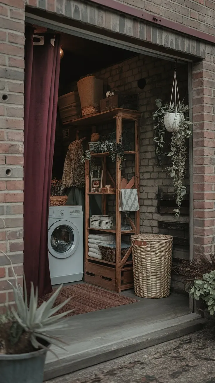 This dark and moody laundry room in a moody barndominium features a maximalist design with rustic Tuscan elements, burgundy accents, and vintage decor that create a captivating dark academia atmosphere.