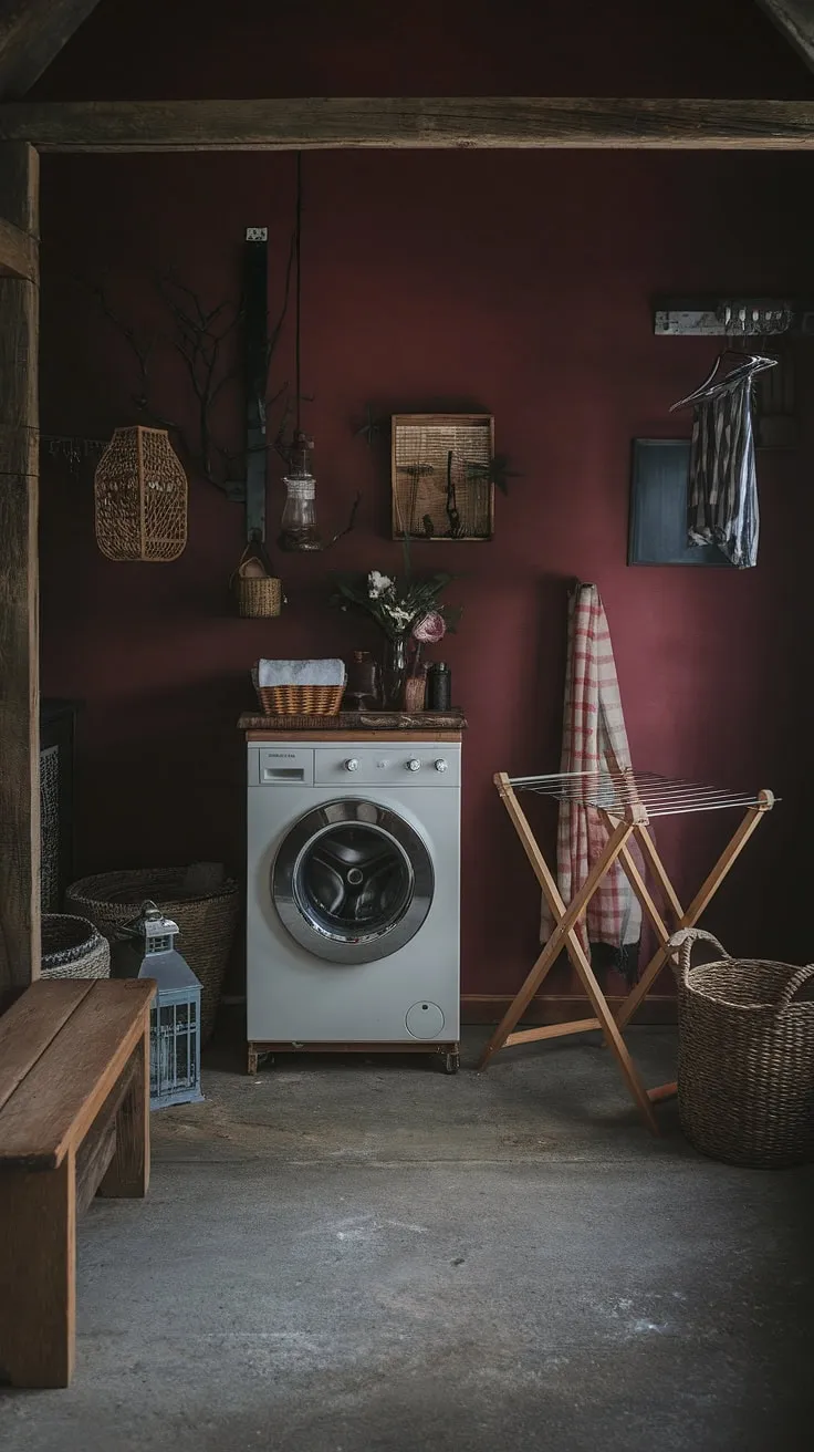 The moody laundry room features a burgundy wall and vintage elements, creating a captivating dark and moody interior that reflects country house decoration and Tuscan charm.