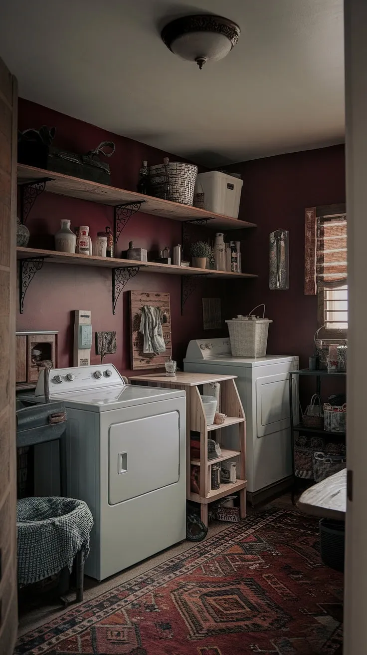 The dark and moody interior design of this burgundy laundry room, adorned with vintage appliances and a patterned rug, perfectly embodies the charm of a Tuscan country house.