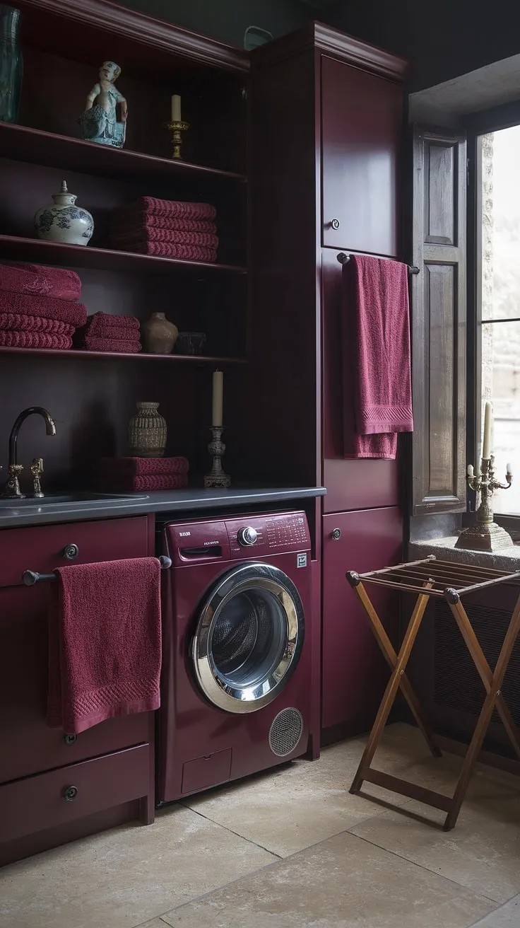 This dark and moody laundry room, featuring a burgundy theme and vintage decor, perfectly embodies the dark academia style within a maximalist barndominium aesthetic.