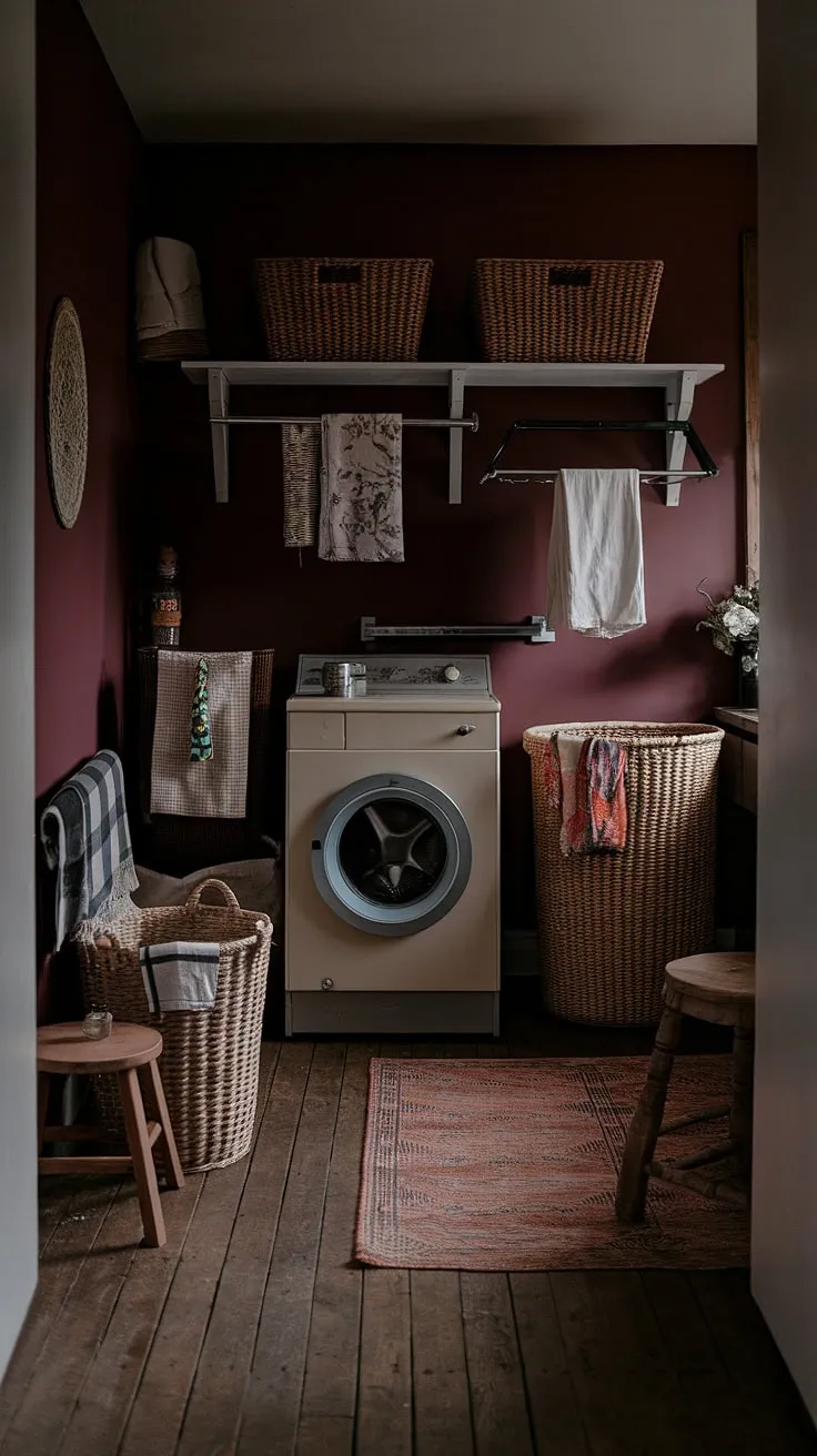 This dark and moody laundry room in a Tuscan-style country house showcases a burgundy palette and vintage charm, perfect for a maximalist dark academia aesthetic.