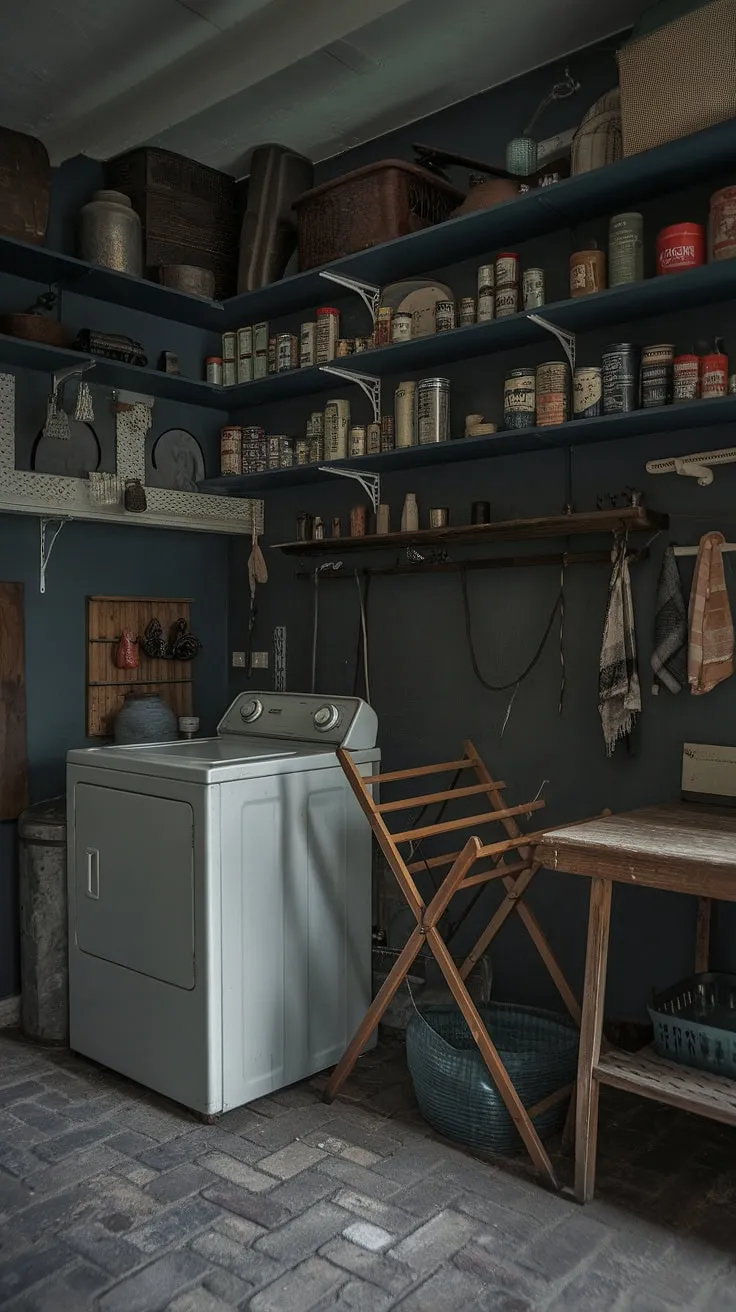 Featuring a burgundy color scheme and worn-out brick flooring, this moody laundry room showcases a unique blend of Tuscan charm and dark and moody interior design.