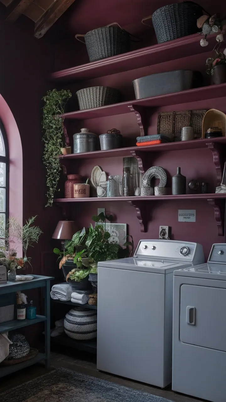 In a maximalist laundry room adorned with crimson walls and vintage appliances, the air is infused with the scent of linens and Tuscan sun, blending practicality with enchanting rustic charm.