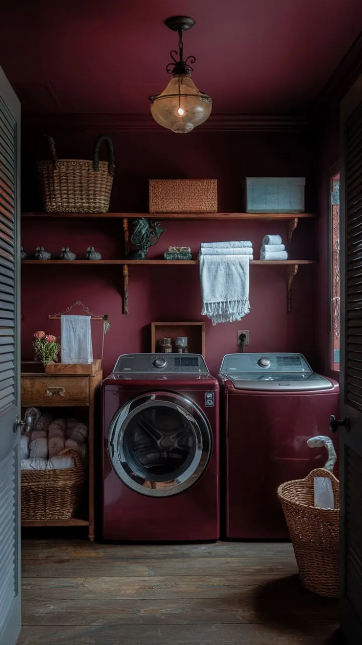 This deep burgundy laundry room, rich in textures and vintage charm, elevates utility to a captivating country retreat.