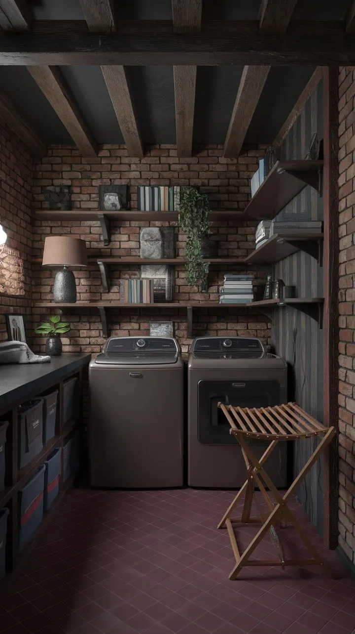 This laundry room, with its rich burgundy tiles and exposed brick, beautifully embodies rustic elegance and the charm of imperfection.