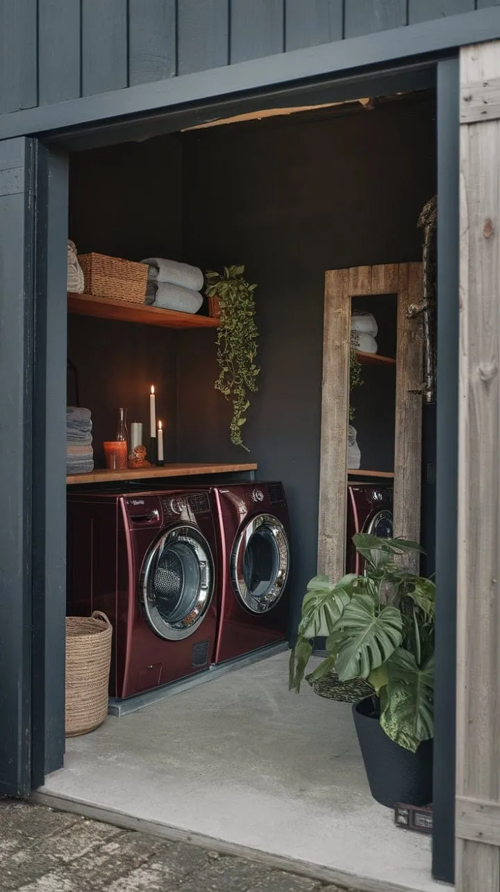 This barndominium laundry room masterfully blends dark elegance and practicality with rich burgundy appliances and a striking mix of rustic and modern design elements.
