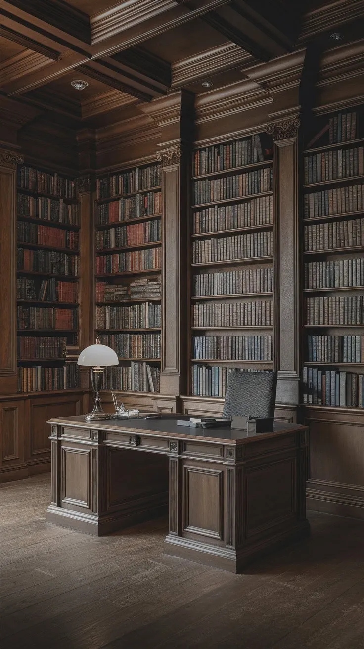 This elegant study, adorned with dark wood and overflowing books, offers a serene sanctuary for contemplation and scholarly pursuits.