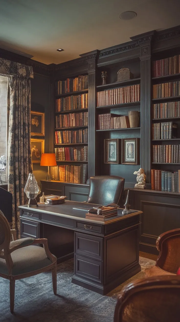 Bathed in the warm glow of a desk lamp, the rich mahogany and leather-bound volumes create a scholarly sanctuary that pulses with the vibrant energy of history and knowledge.