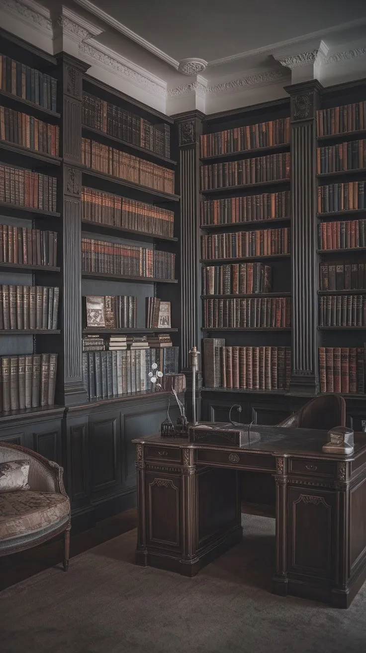 This Art Deco library, steeped in rich textures and antique charm, offers a mysterious sanctuary where creativity flourishes amidst the echoes of history.