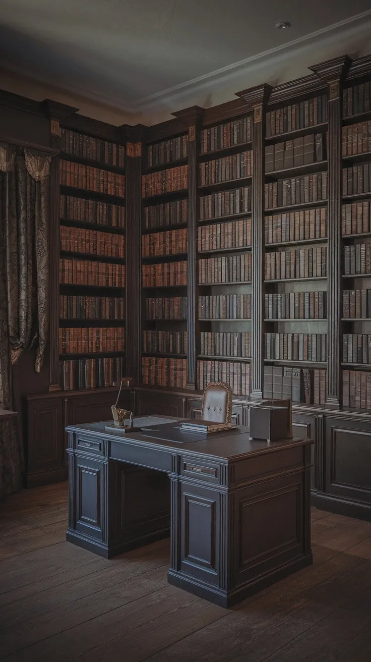 In a regency-inspired library, the enchanting blend of aged paper, leather, and lamplight creates a serene sanctuary for the soul, punctuated by the rhythmic tick of a grandfather clock.