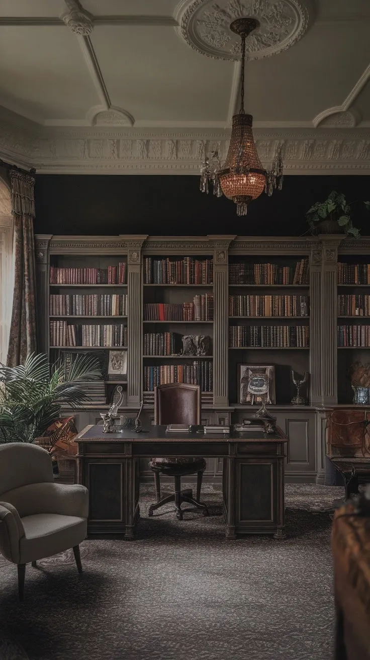 This classic English library, with its dark walls and high ceilings, masterfully fuses art deco and traditional decor to evoke an enchanting atmosphere of timeless elegance and intellectual allure.