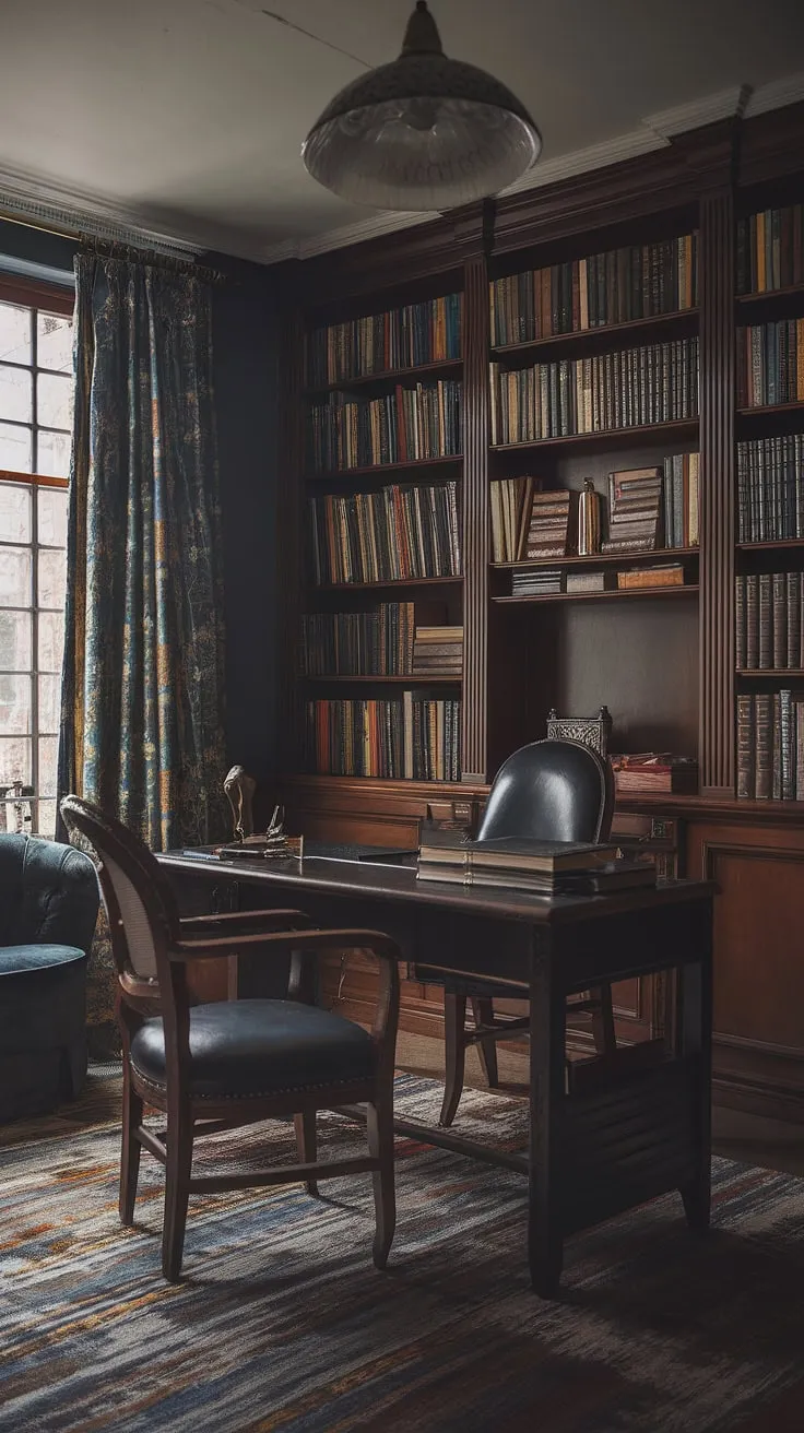 This moody library room showcases a regency core aesthetic, combining an old style office, vintage home decor, and art deco influences within a traditional English decor setting for a timeless classic home library.