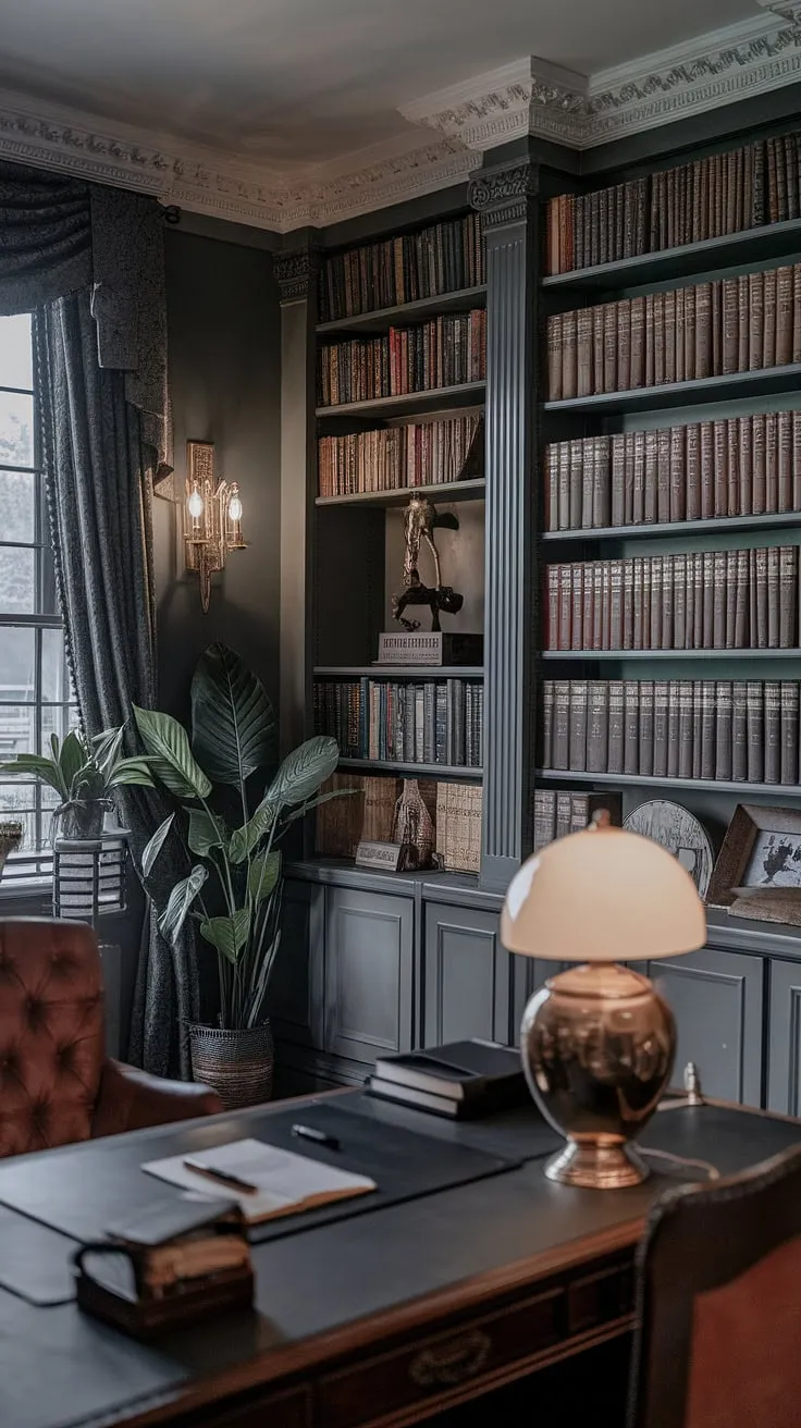 This vintage office design captures the essence of an old English library, harmonizing regency core aesthetics with art deco touches and classic home decor.