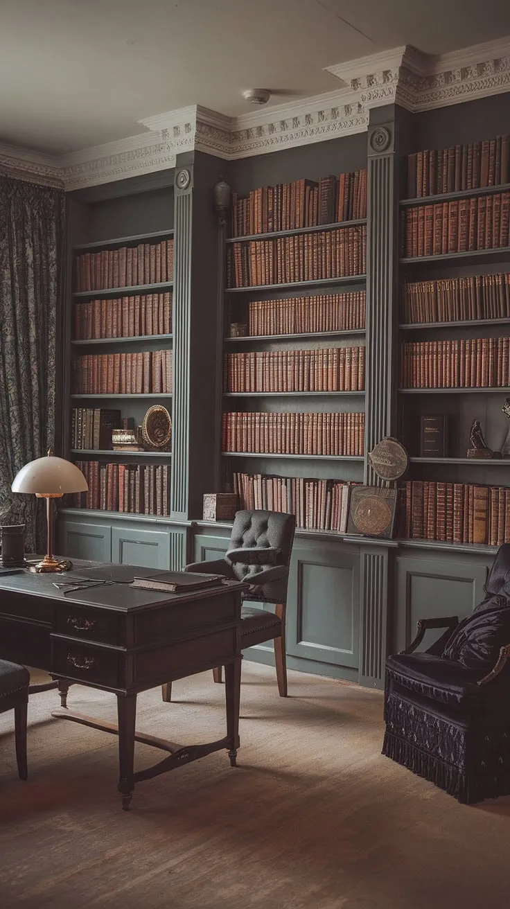 This old style office, reminiscent of an old English library, showcases vintage office design with soft lighting and decorative patterns on the walls.