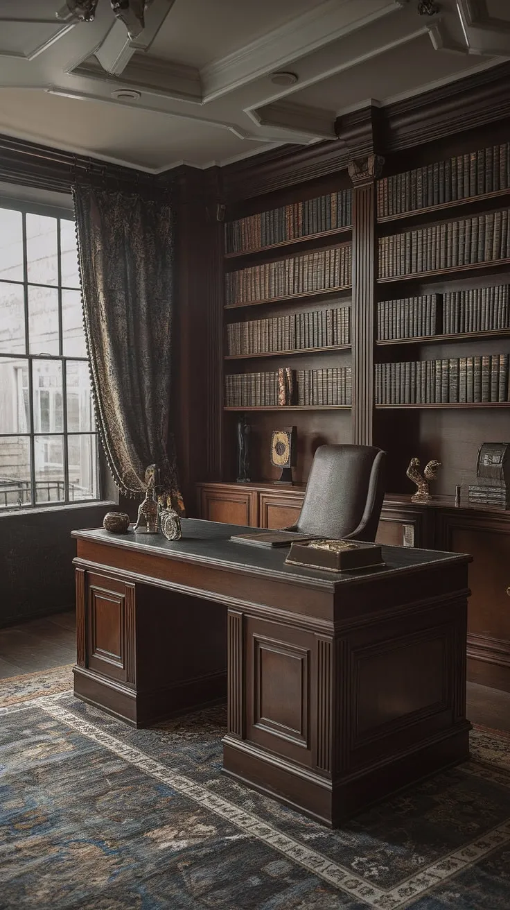 This vintage office design showcases a moody library room with a regency core aesthetic, combining old style office features, art deco accents, and traditional English decor for a timeless classic home library feel.