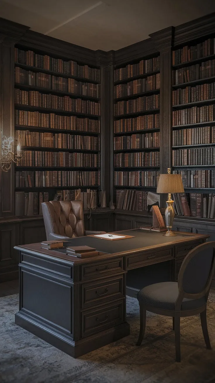 This classic home library, with its art deco touches and vintage office design, creates an inviting atmosphere of old English interior charm.
