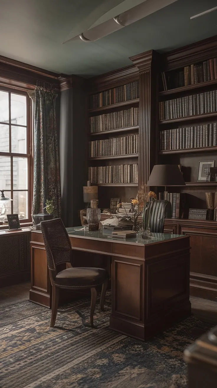 A moody library room exuding a regency core aesthetic combines old-style office charm with art deco influences, vintage home decor, and classic elements of an old English library.