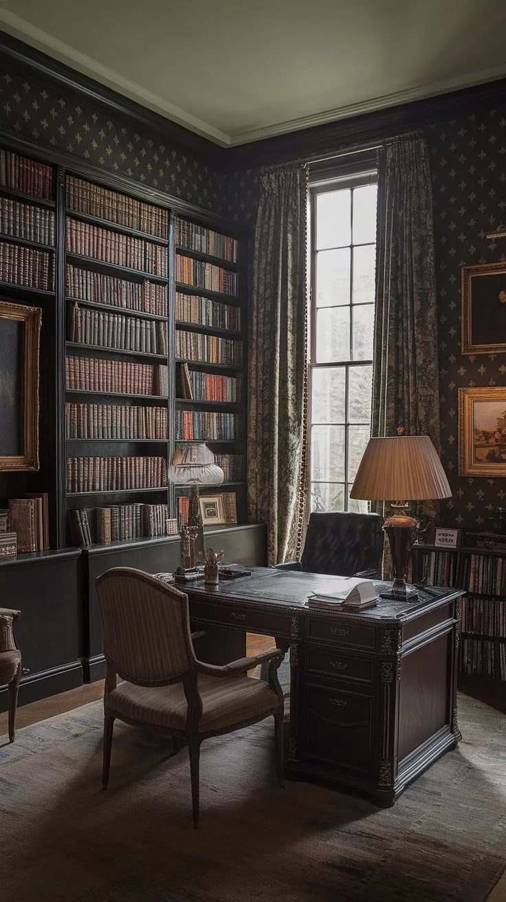 The room's art deco elements and vintage office design create a captivating atmosphere, enhanced by dark green wallpaper and rich furnishings that reflect the elegance of an old English interior.